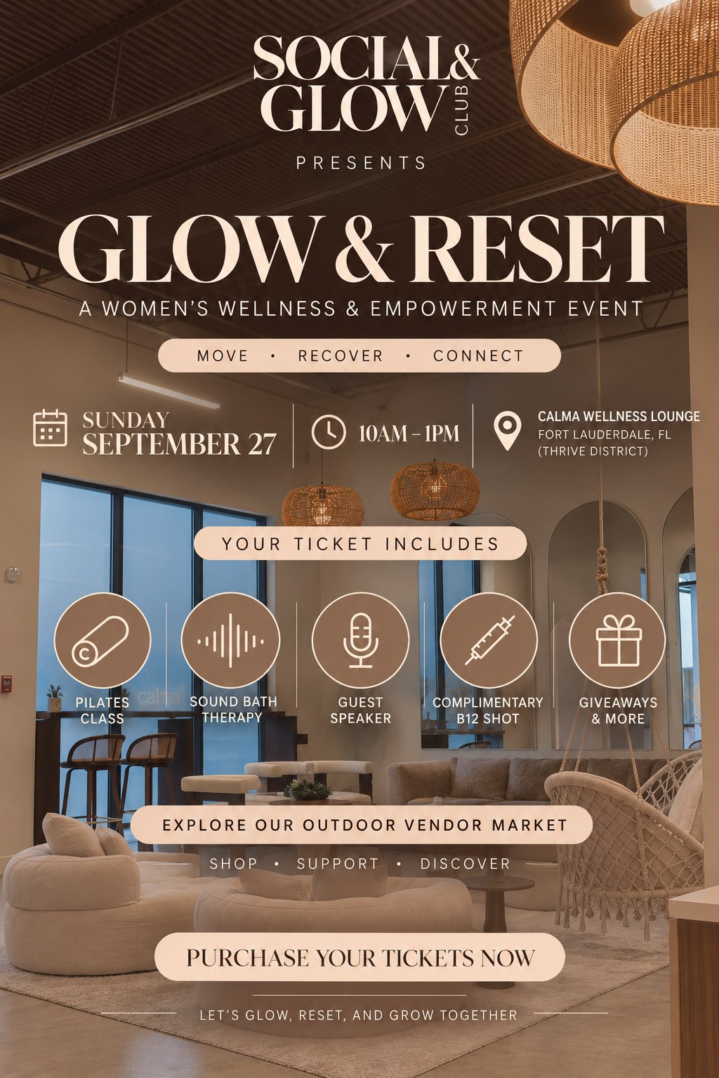 Social & Glow Club presents Glow & Reset, a women's wellness and empowerment event, Sunday September 27, 10am to 1pm at CALMA Wellness Lounge
