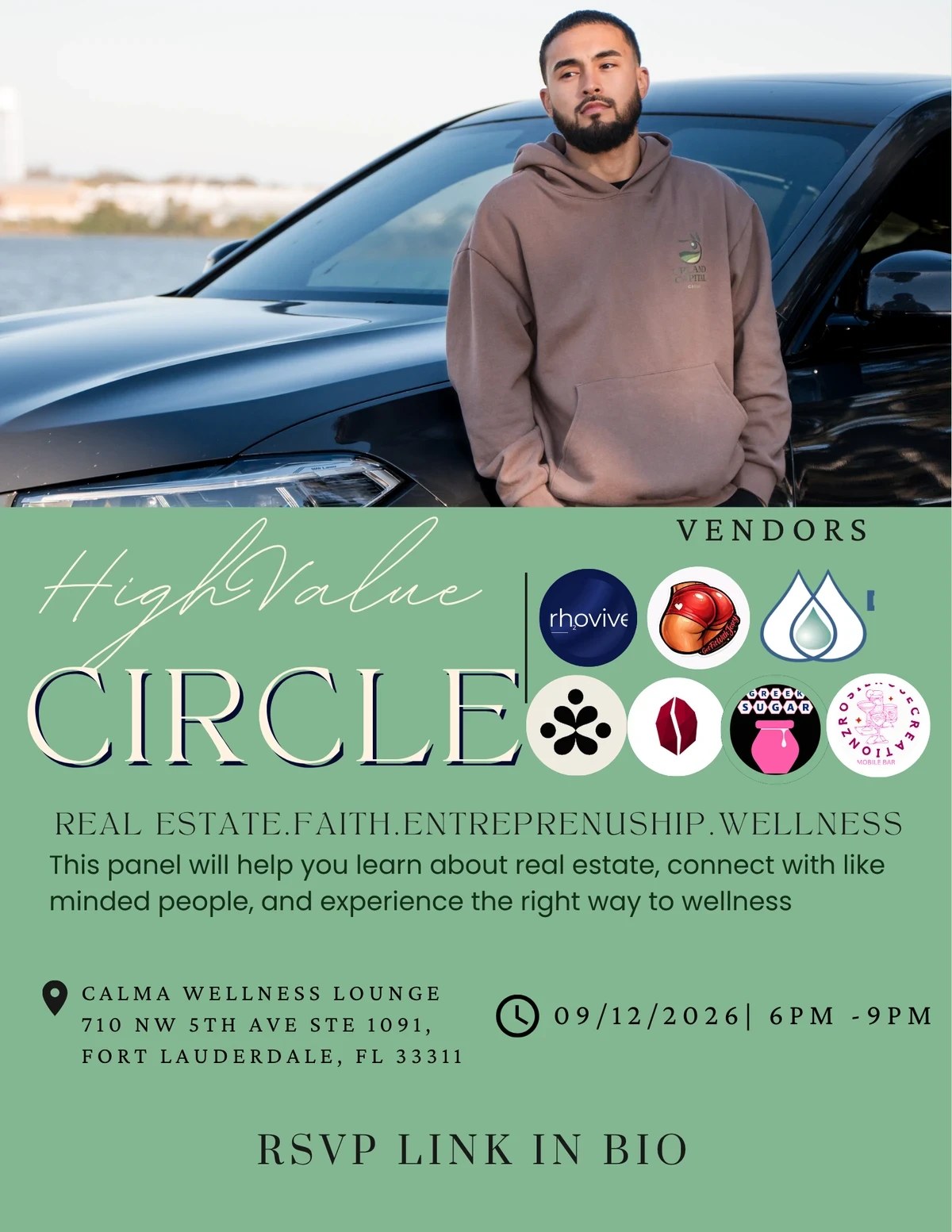 High Value Circle flyer, Saturday September 12, 6pm to 9pm at CALMA Wellness Lounge